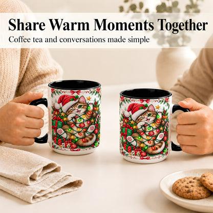 #pl[15oz|Black] Playful Christmas Cat Coffee Mug, Kitten Lights Mug, Ceramic Cup