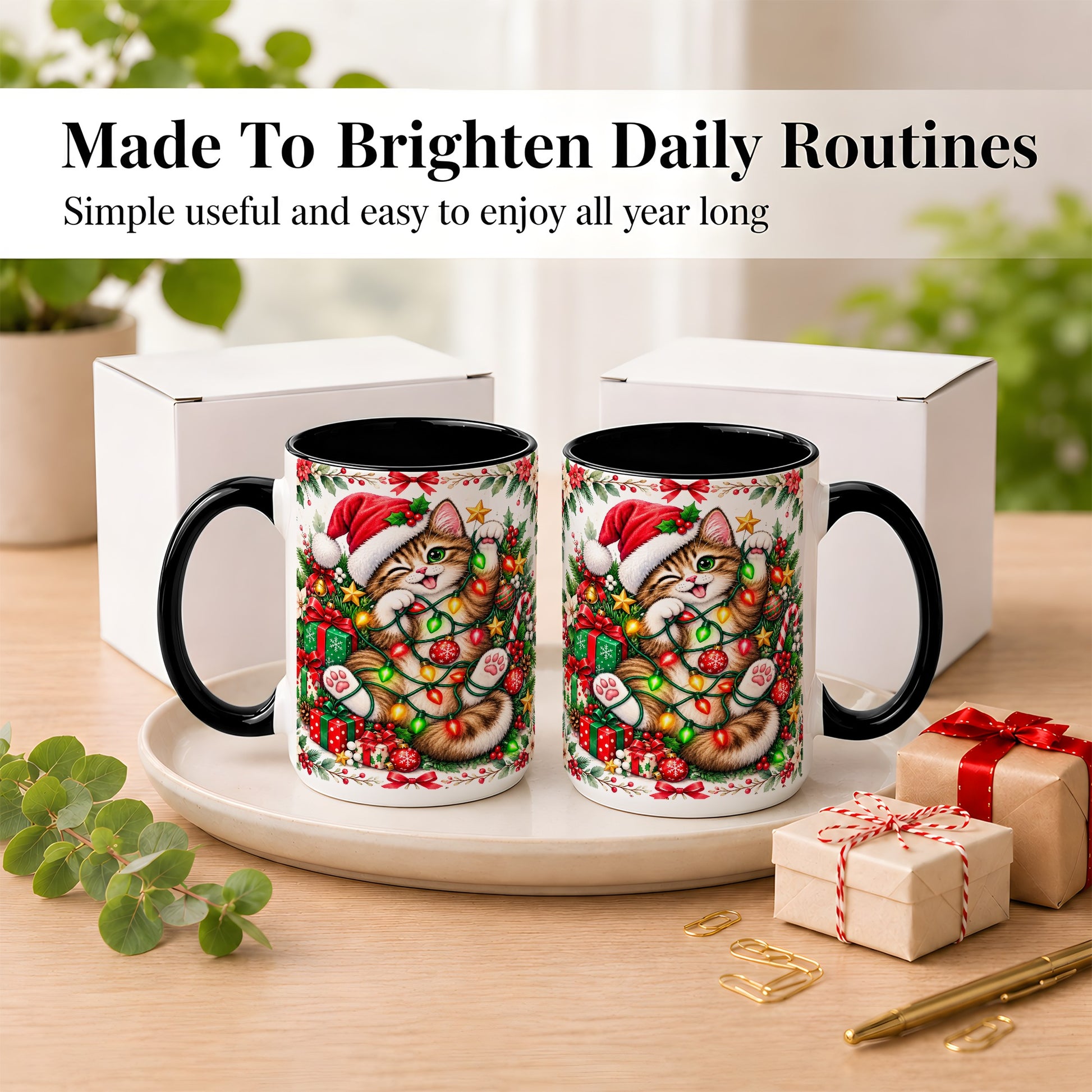 #pl[15oz|Black] Playful Christmas Cat Coffee Mug, Kitten Lights Mug, Ceramic Cup
