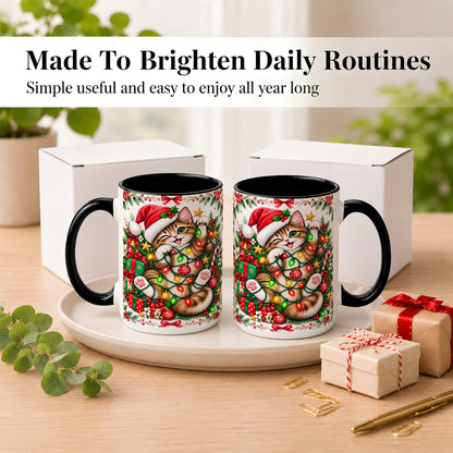 #pl[15oz|Black] Playful Christmas Cat Coffee Mug, Kitten Lights Mug, Ceramic Cup