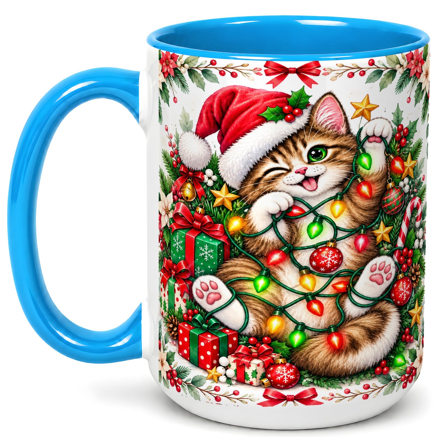 #pl[15oz|Blue] Playful Christmas Cat Coffee Mug, Kitten Lights Mug, Ceramic Cup