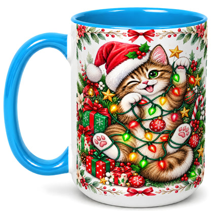 #pl[15oz|Blue] Playful Christmas Cat Coffee Mug, Kitten Lights Mug, Ceramic Cup