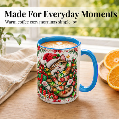 #pl[15oz|Blue] Playful Christmas Cat Coffee Mug, Kitten Lights Mug, Ceramic Cup
