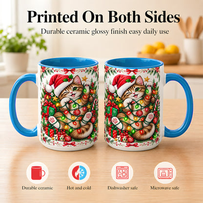 #pl[15oz|Blue] Playful Christmas Cat Coffee Mug, Kitten Lights Mug, Ceramic Cup