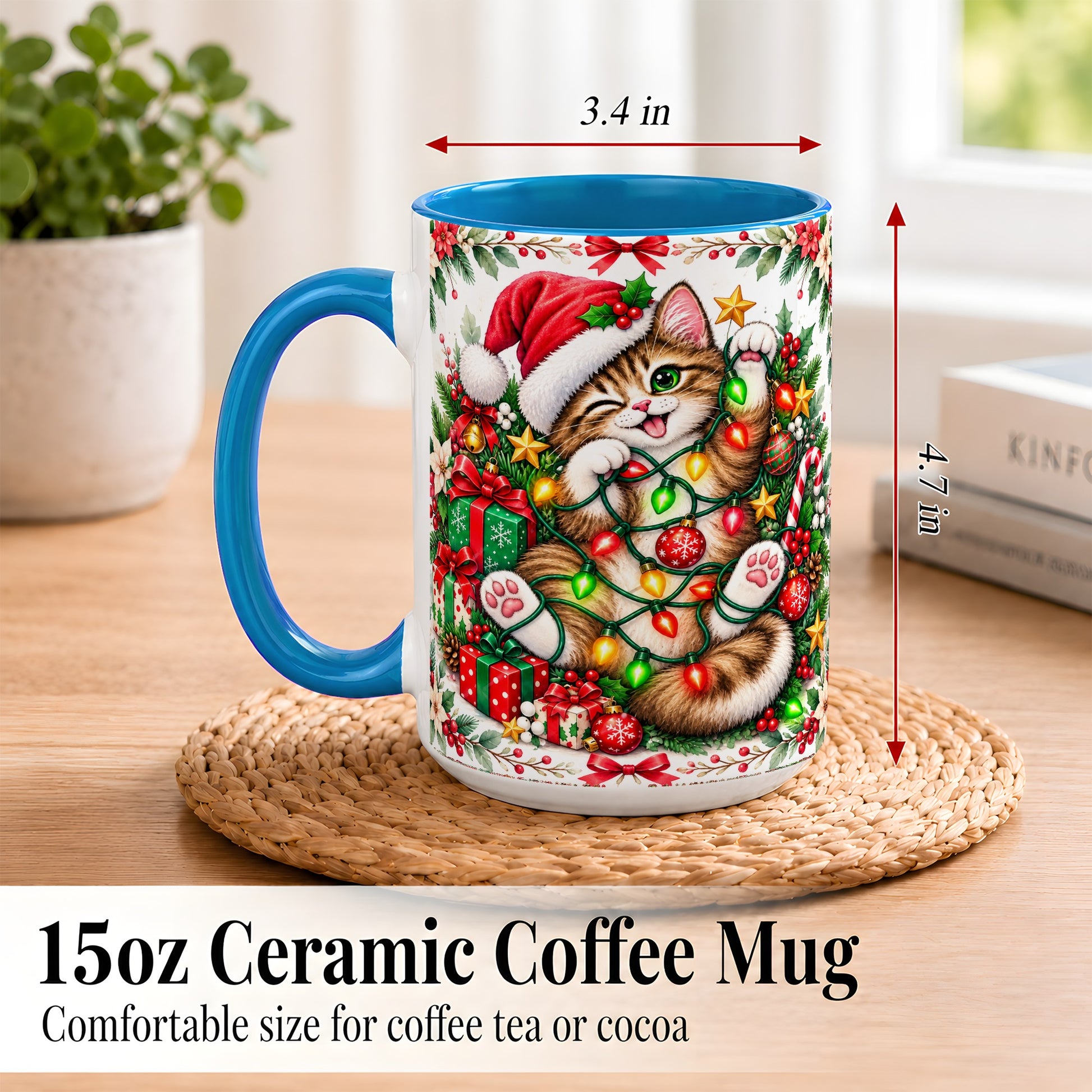 #pl[15oz|Blue] Playful Christmas Cat Coffee Mug, Kitten Lights Mug, Ceramic Cup