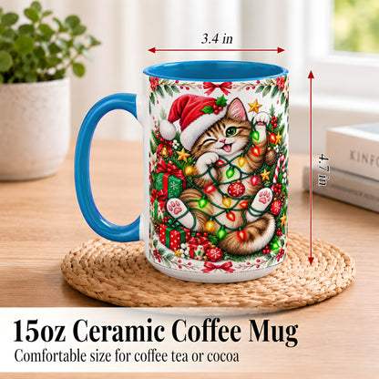 #pl[15oz|Blue] Playful Christmas Cat Coffee Mug, Kitten Lights Mug, Ceramic Cup