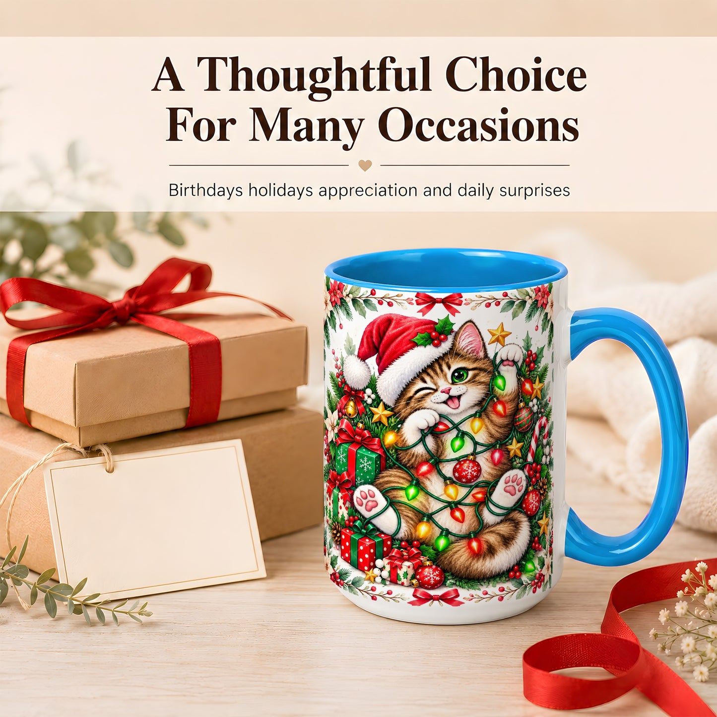 #pl[15oz|Blue] Playful Christmas Cat Coffee Mug, Kitten Lights Mug, Ceramic Cup
