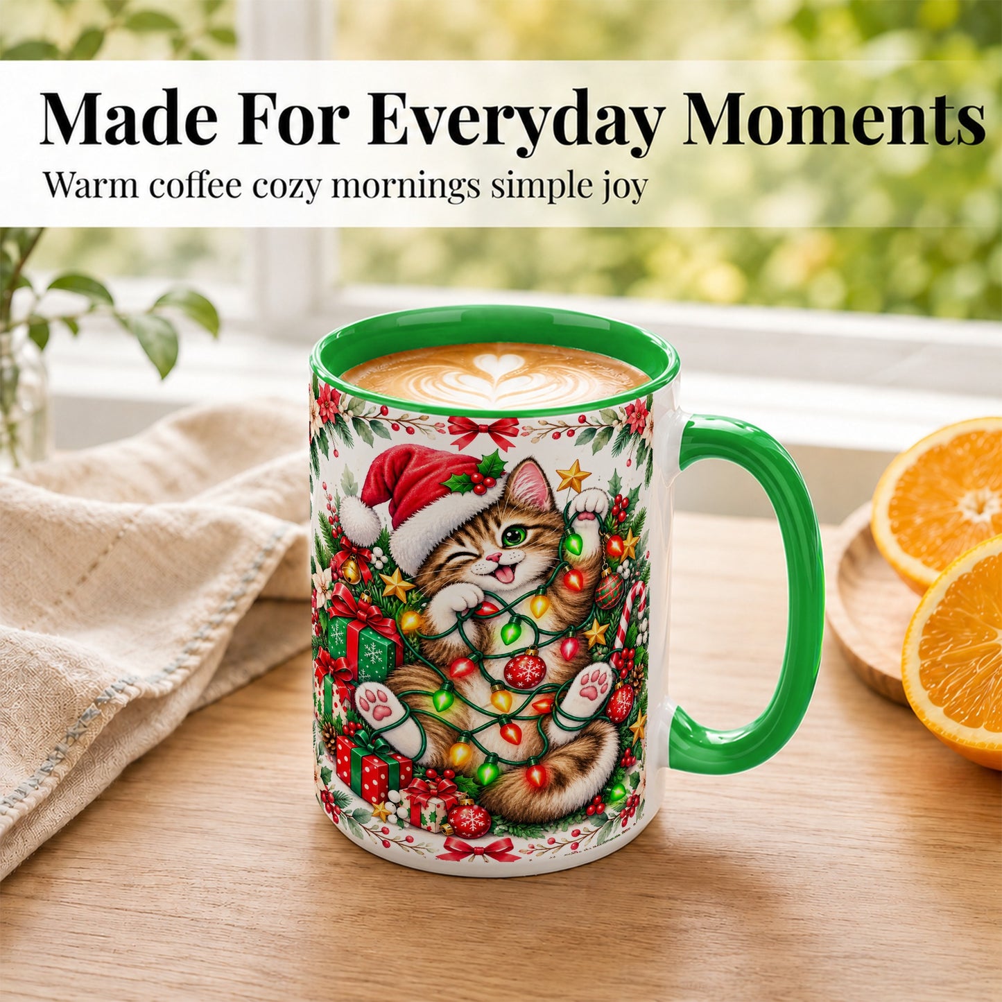 #pl[15oz|Green] Playful Christmas Cat Coffee Mug, Kitten Lights Mug, Ceramic Cup