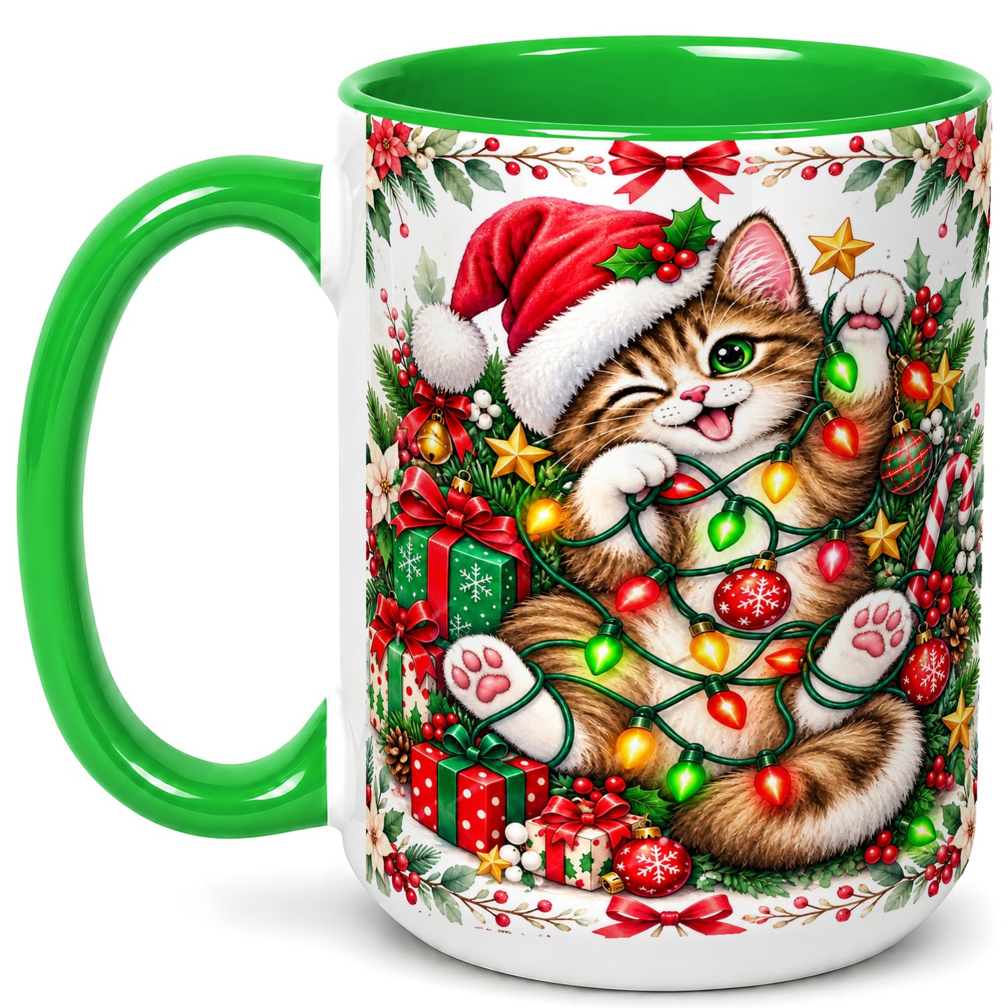 #pl[15oz|Green] Playful Christmas Cat Coffee Mug, Kitten Lights Mug, Ceramic Cup