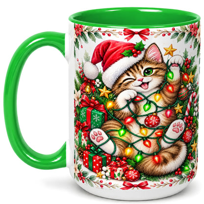 #pl[15oz|Green] Playful Christmas Cat Coffee Mug, Kitten Lights Mug, Ceramic Cup