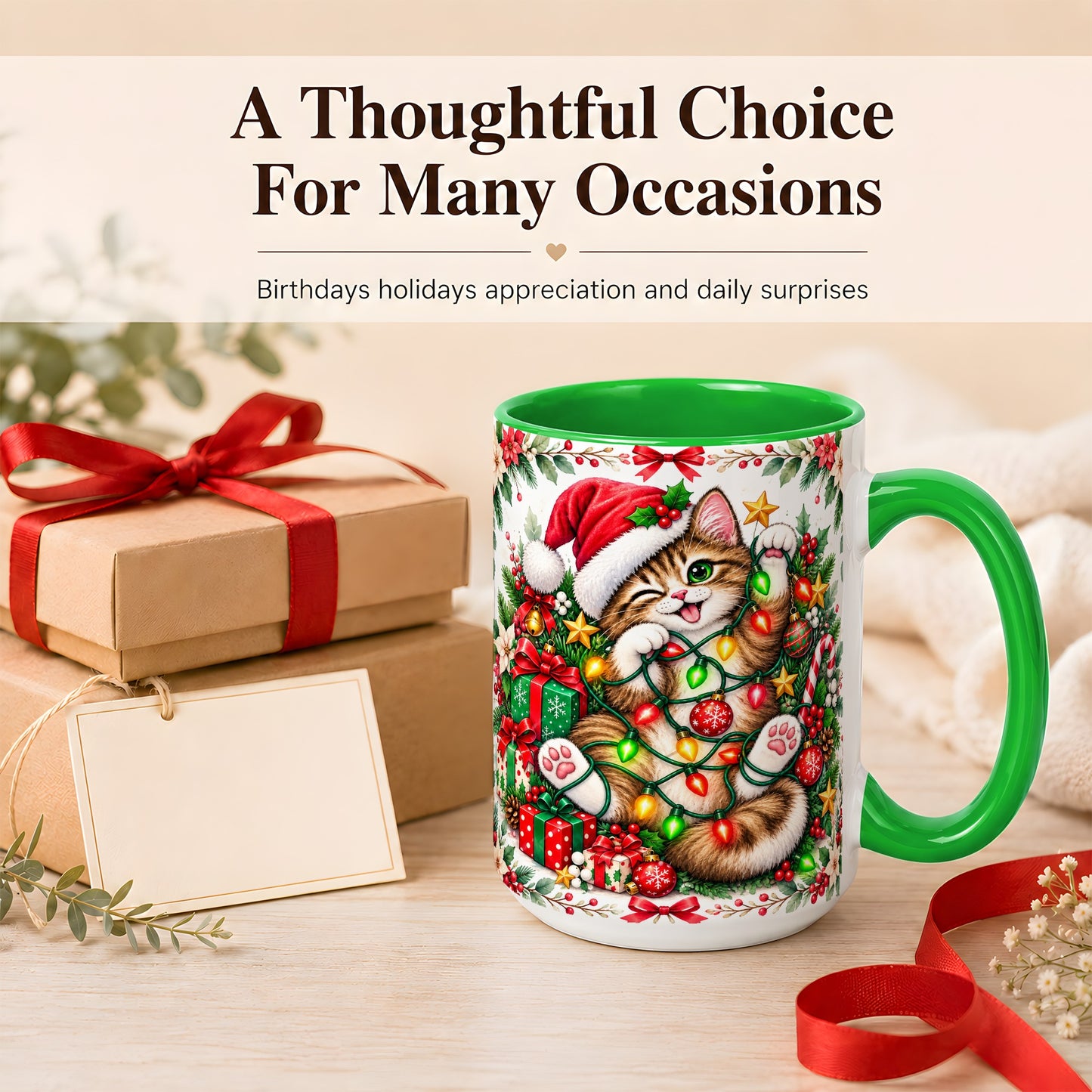 #pl[15oz|Green] Playful Christmas Cat Coffee Mug, Kitten Lights Mug, Ceramic Cup