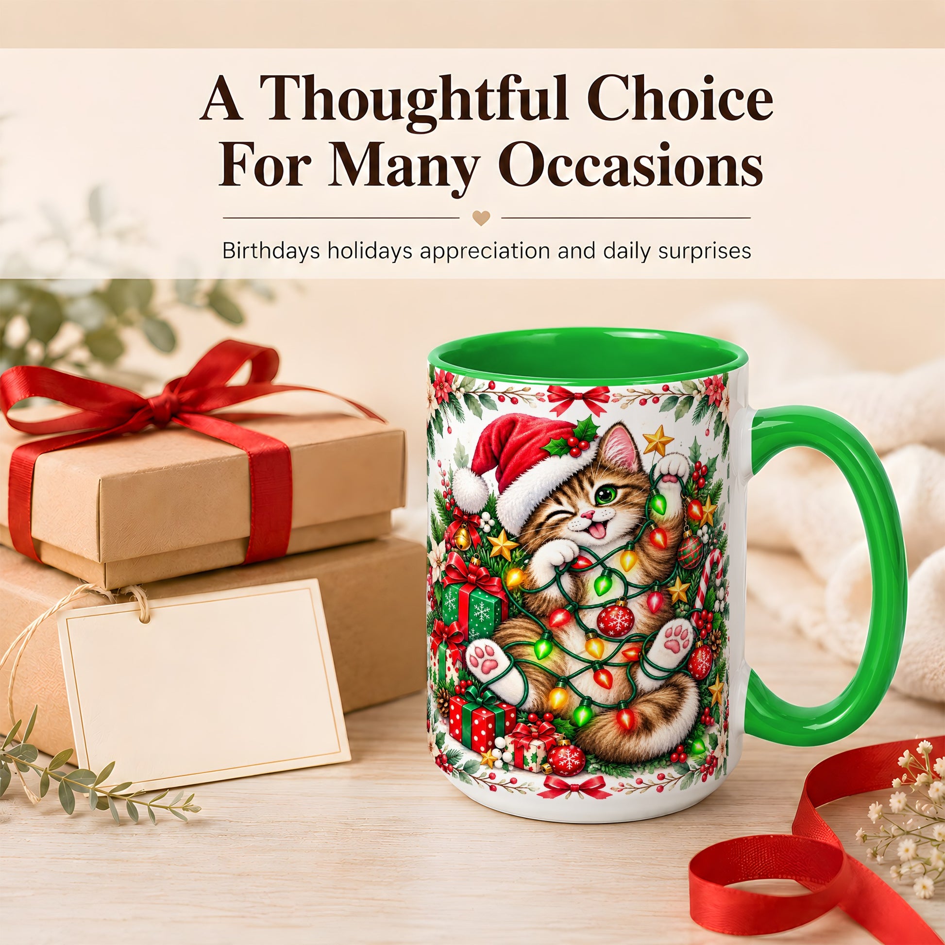 #pl[15oz|Green] Playful Christmas Cat Coffee Mug, Kitten Lights Mug, Ceramic Cup