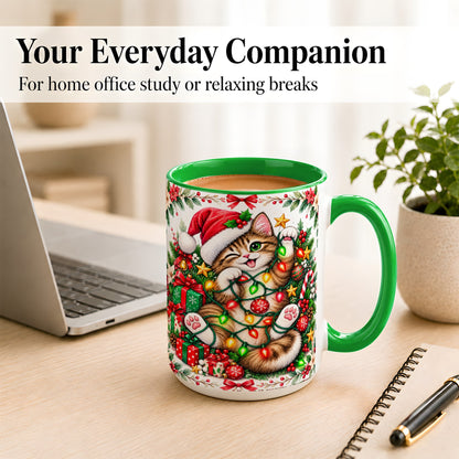 #pl[15oz|Green] Playful Christmas Cat Coffee Mug, Kitten Lights Mug, Ceramic Cup