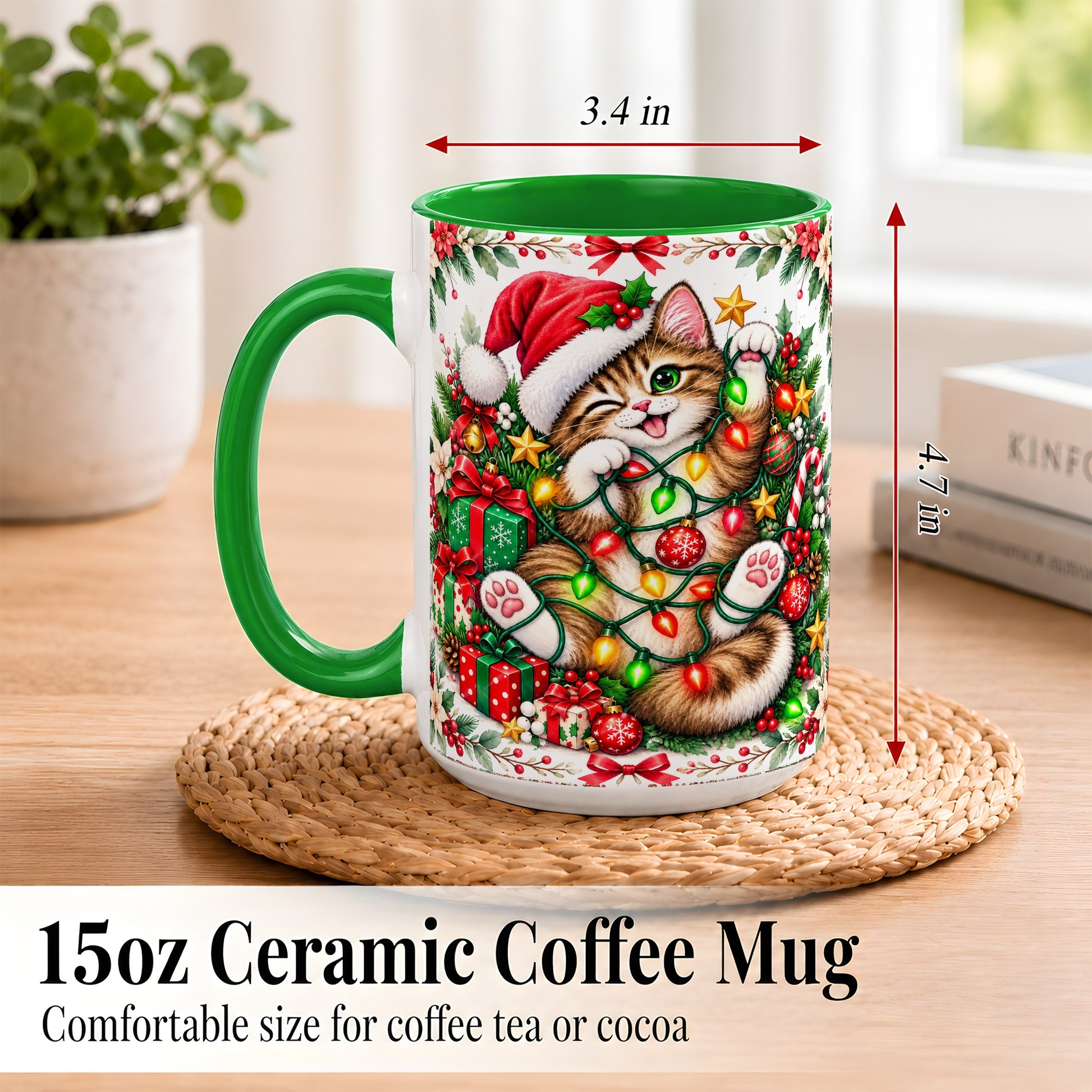 #pl[15oz|Green] Playful Christmas Cat Coffee Mug, Kitten Lights Mug, Ceramic Cup