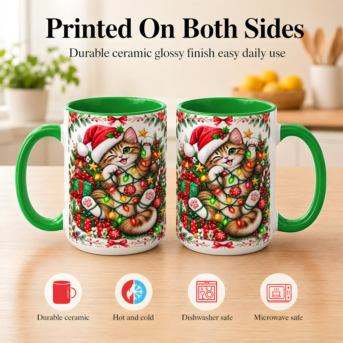 #pl[15oz|Green] Playful Christmas Cat Coffee Mug, Kitten Lights Mug, Ceramic Cup
