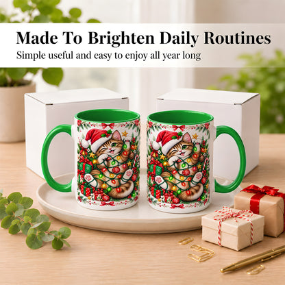 #pl[15oz|Green] Playful Christmas Cat Coffee Mug, Kitten Lights Mug, Ceramic Cup