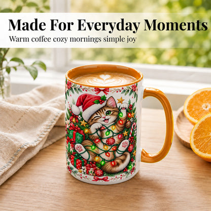 #pl[15oz|Orange] Playful Christmas Cat Coffee Mug, Kitten Lights Mug, Ceramic Cup