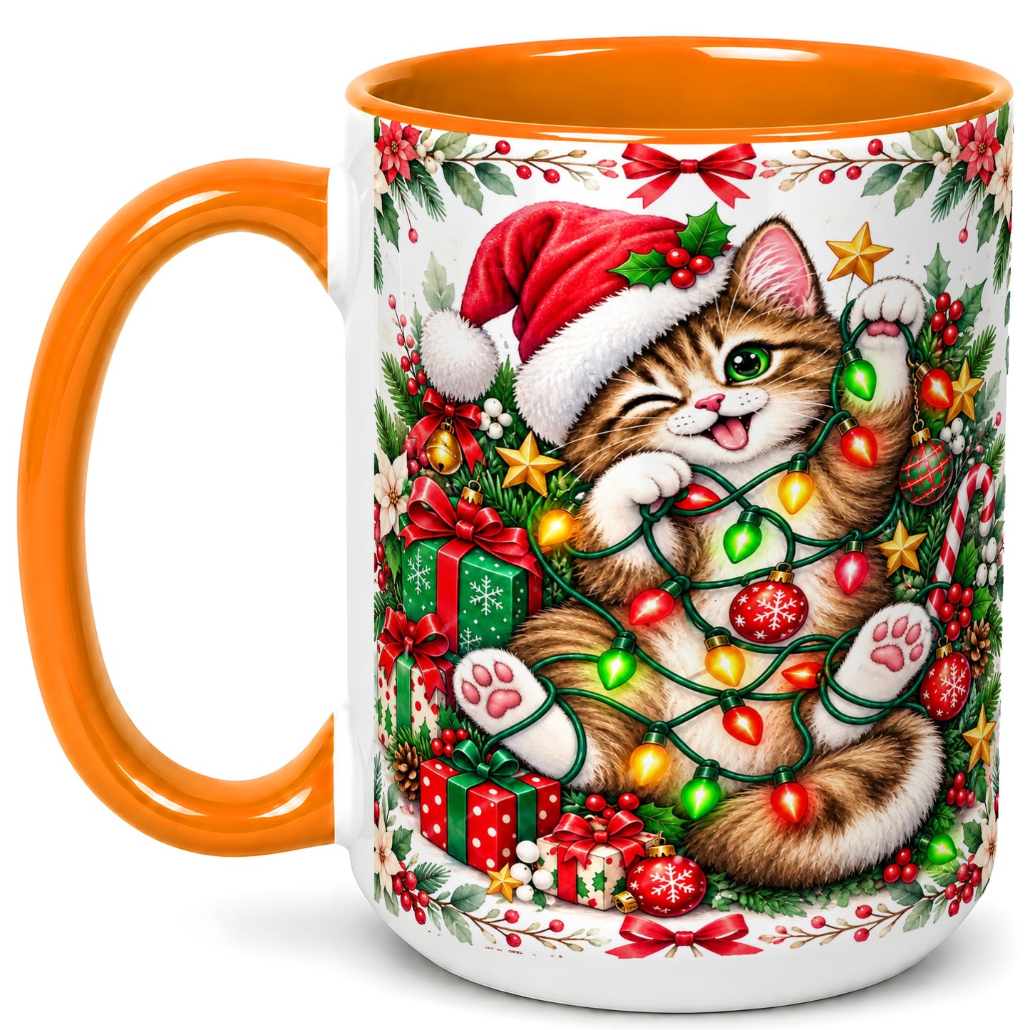 #pl[15oz|Orange] Playful Christmas Cat Coffee Mug, Kitten Lights Mug, Ceramic Cup