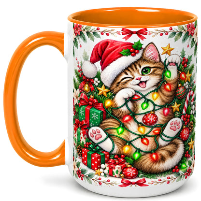 #pl[15oz|Orange] Playful Christmas Cat Coffee Mug, Kitten Lights Mug, Ceramic Cup