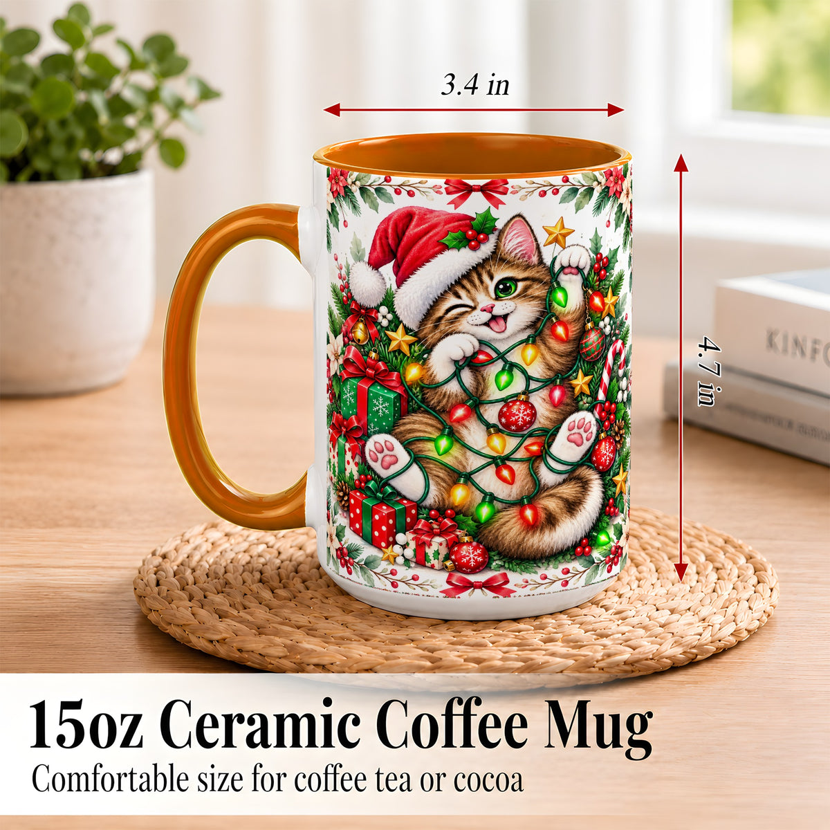 #pl[15oz|Orange] Playful Christmas Cat Coffee Mug, Kitten Lights Mug, Ceramic Cup