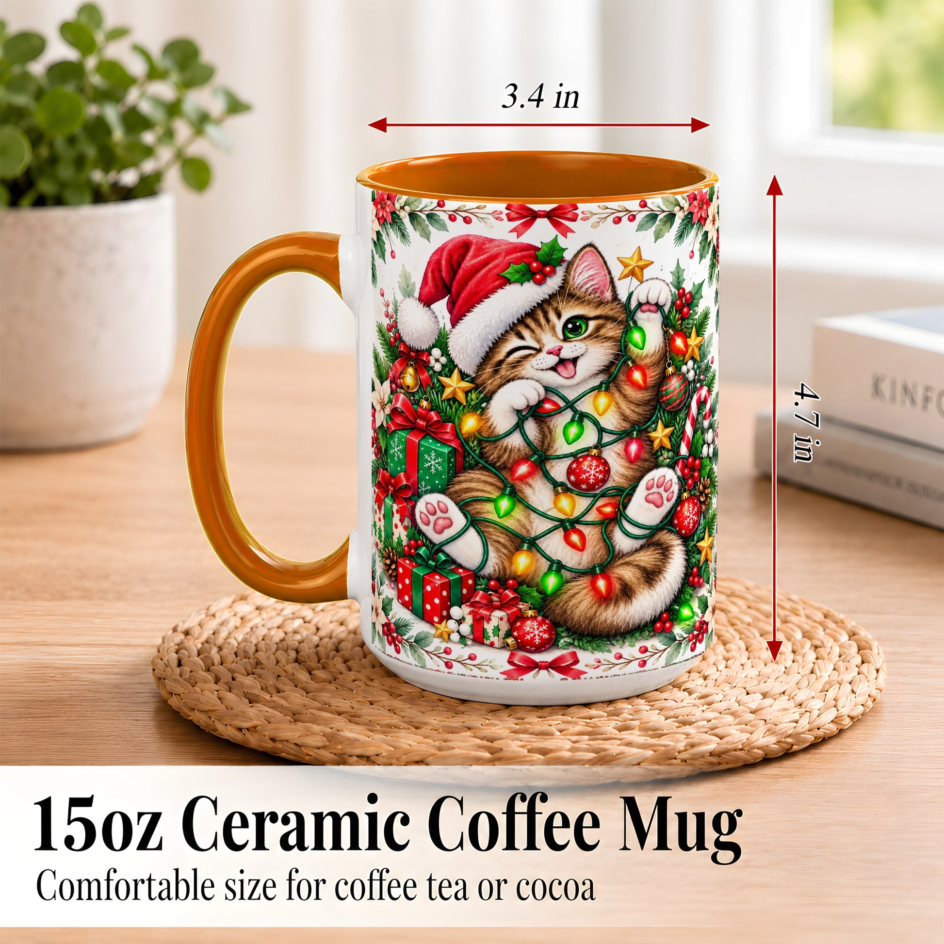 #pl[15oz|Orange] Playful Christmas Cat Coffee Mug, Kitten Lights Mug, Ceramic Cup