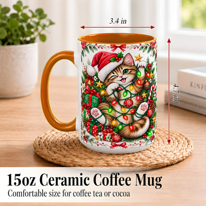 #pl[15oz|Orange] Playful Christmas Cat Coffee Mug, Kitten Lights Mug, Ceramic Cup