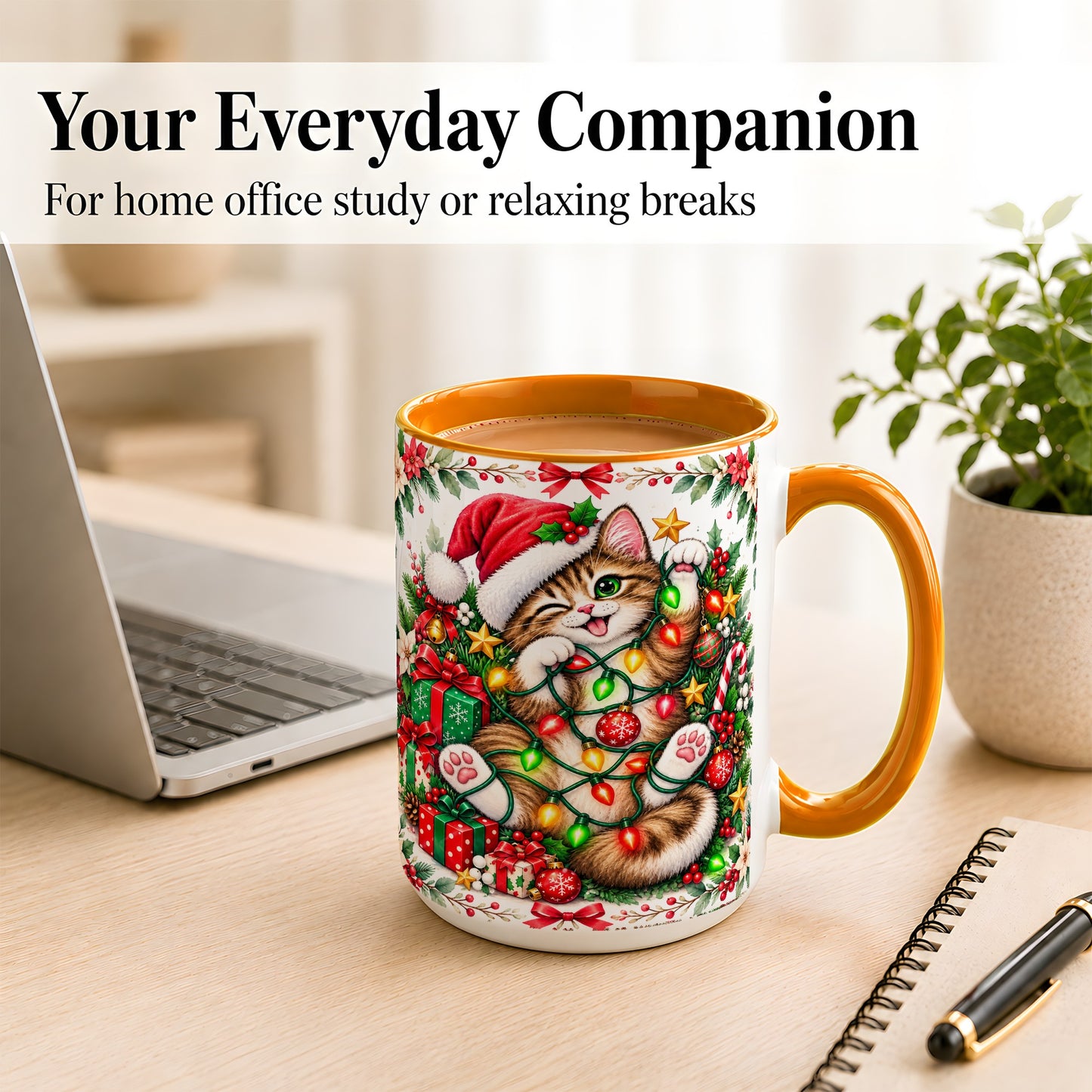 #pl[15oz|Orange] Playful Christmas Cat Coffee Mug, Kitten Lights Mug, Ceramic Cup