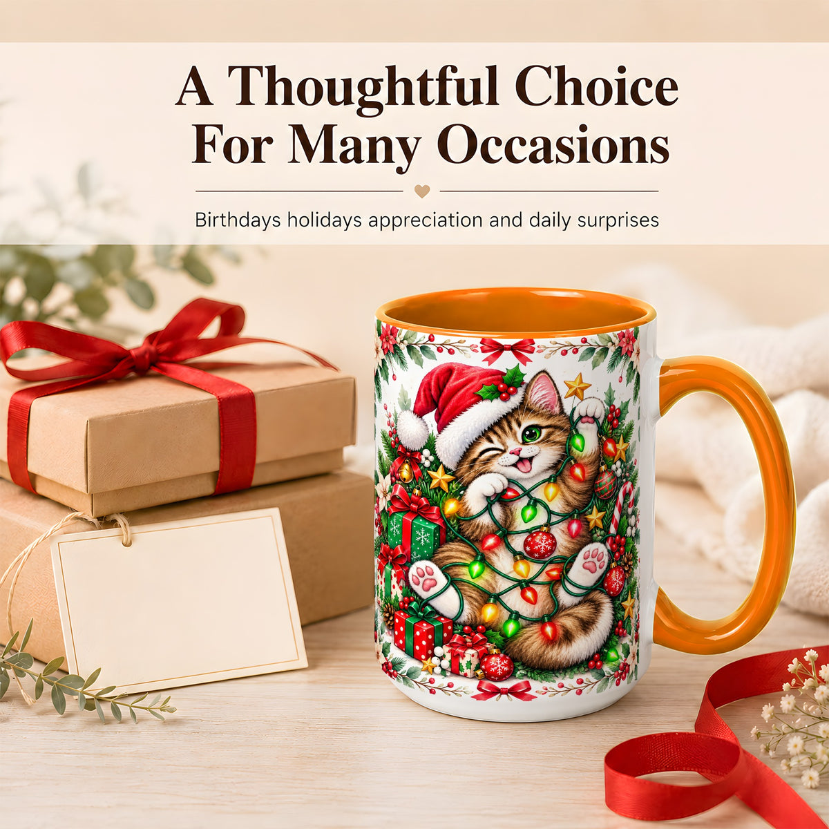 #pl[15oz|Orange] Playful Christmas Cat Coffee Mug, Kitten Lights Mug, Ceramic Cup