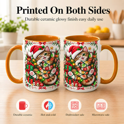#pl[15oz|Orange] Playful Christmas Cat Coffee Mug, Kitten Lights Mug, Ceramic Cup