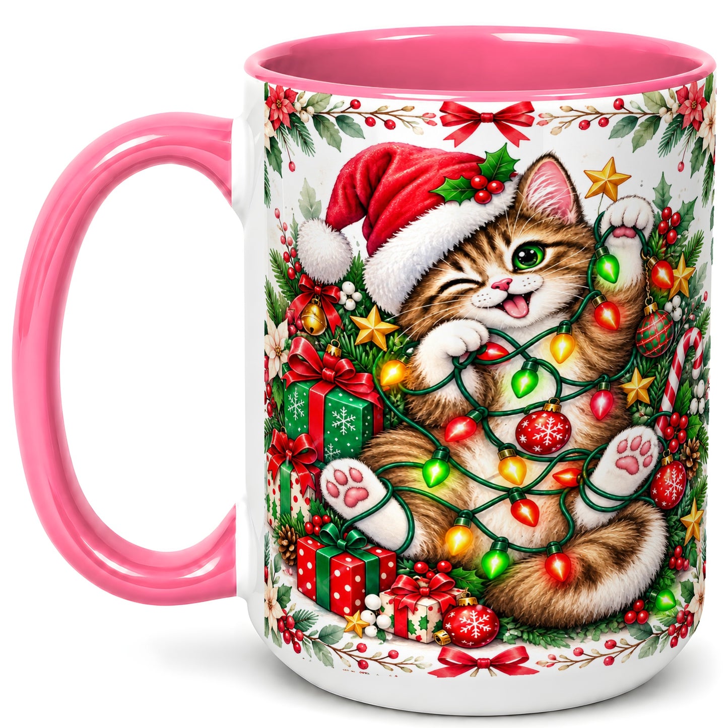 #pl[15oz|Pink] Playful Christmas Cat Coffee Mug, Kitten Lights Mug, Ceramic Cup