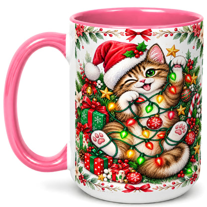 #pl[15oz|Pink] Playful Christmas Cat Coffee Mug, Kitten Lights Mug, Ceramic Cup