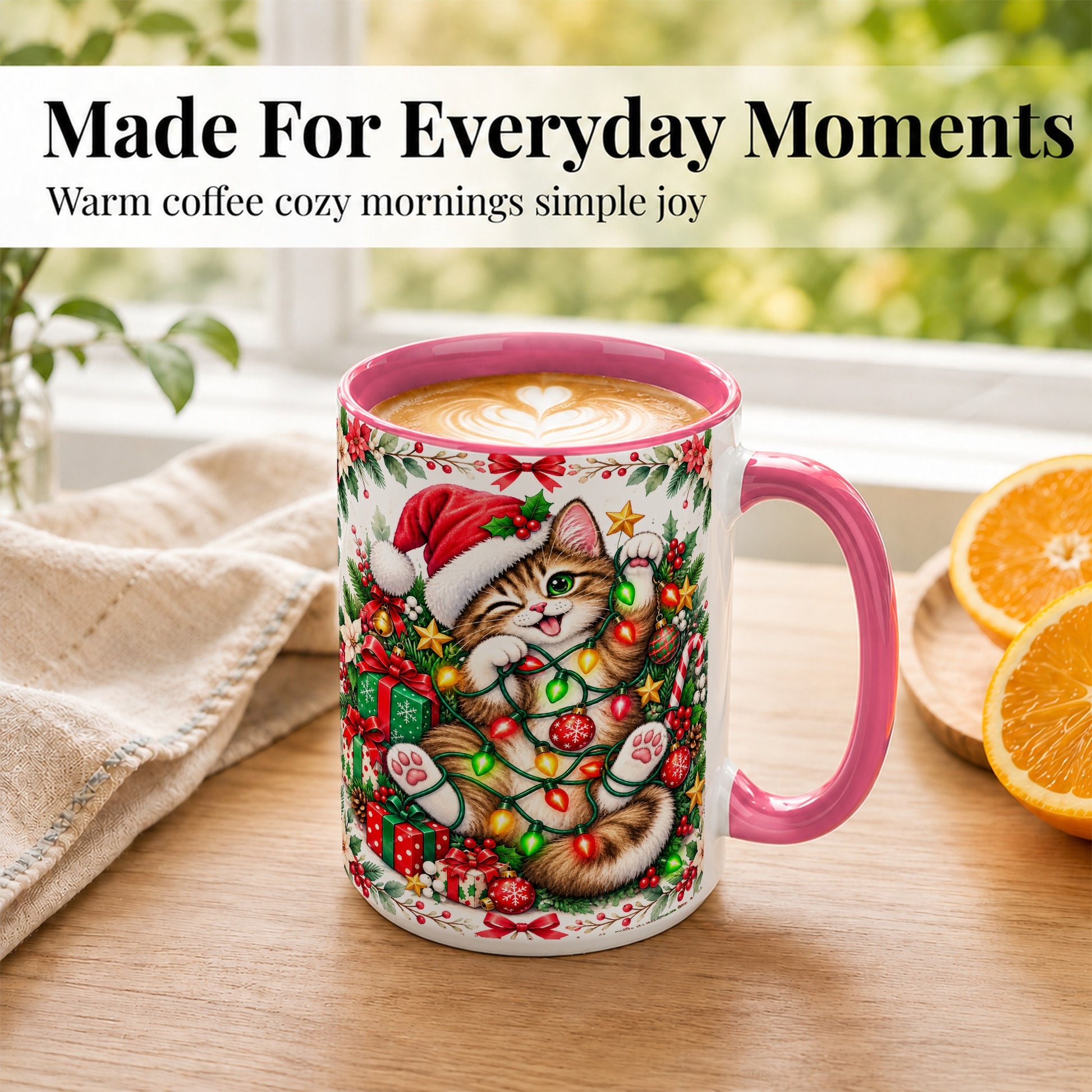 #pl[15oz|Pink] Playful Christmas Cat Coffee Mug, Kitten Lights Mug, Ceramic Cup