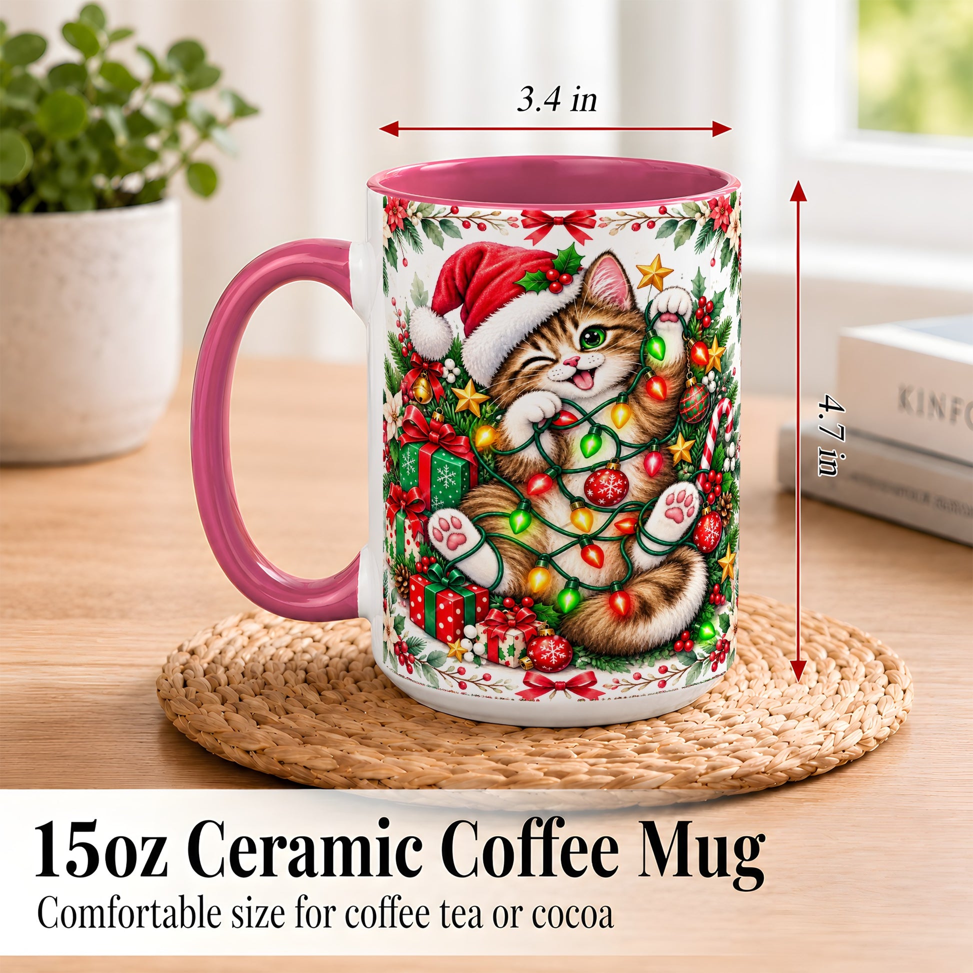 #pl[15oz|Pink] Playful Christmas Cat Coffee Mug, Kitten Lights Mug, Ceramic Cup