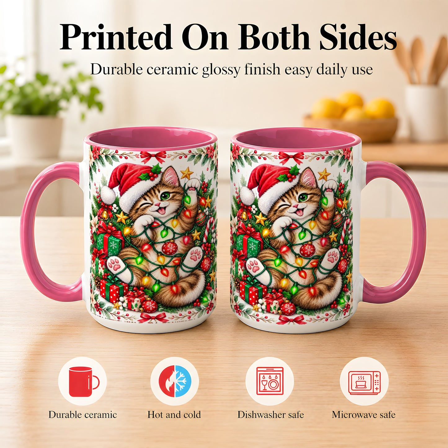 #pl[15oz|Pink] Playful Christmas Cat Coffee Mug, Kitten Lights Mug, Ceramic Cup