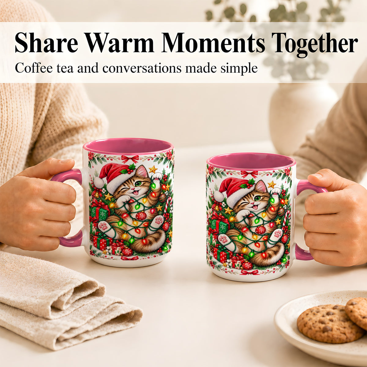#pl[15oz|Pink] Playful Christmas Cat Coffee Mug, Kitten Lights Mug, Ceramic Cup
