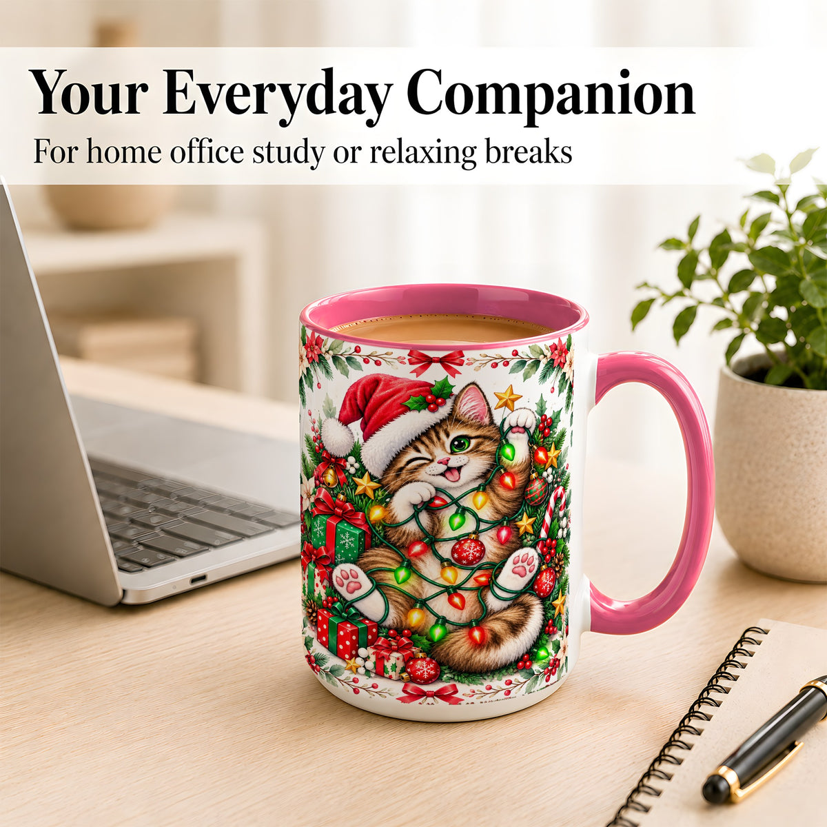 #pl[15oz|Pink] Playful Christmas Cat Coffee Mug, Kitten Lights Mug, Ceramic Cup
