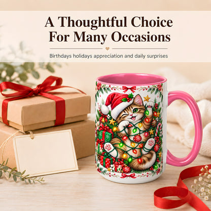 #pl[15oz|Pink] Playful Christmas Cat Coffee Mug, Kitten Lights Mug, Ceramic Cup
