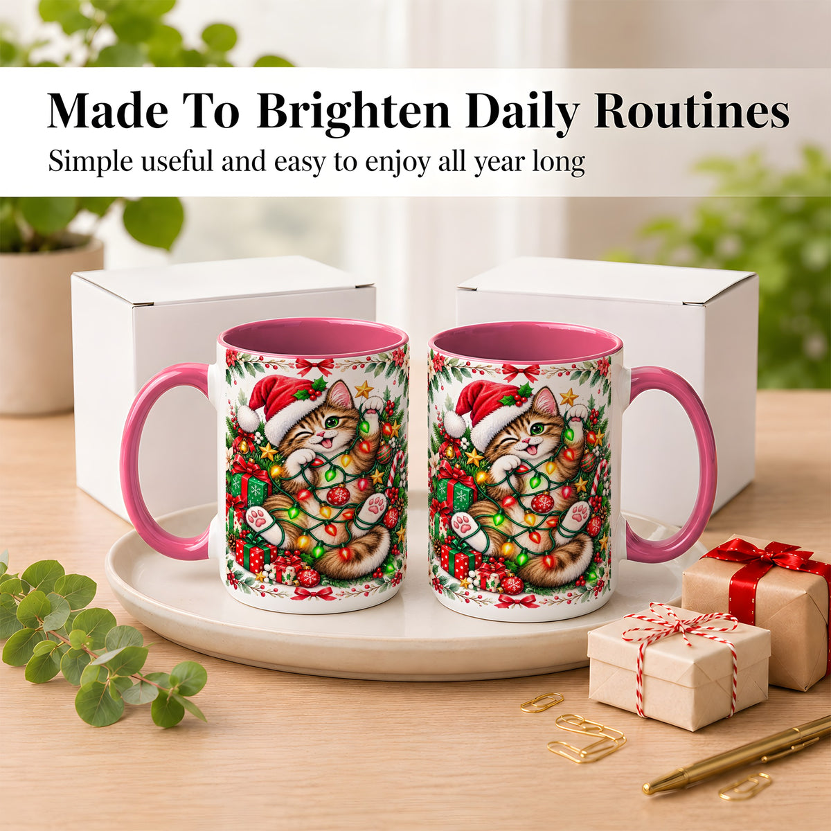 #pl[15oz|Pink] Playful Christmas Cat Coffee Mug, Kitten Lights Mug, Ceramic Cup