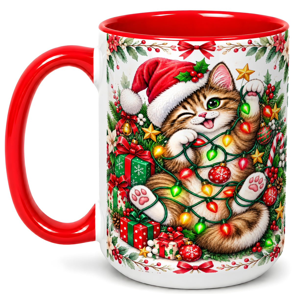 #pl[15oz|Red] Playful Christmas Cat Coffee Mug, Kitten Lights Mug, Ceramic Cup