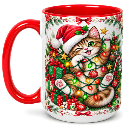 #pl[15oz|Red] Playful Christmas Cat Coffee Mug, Kitten Lights Mug, Ceramic Cup