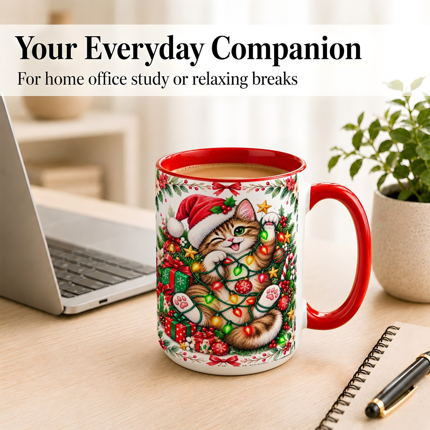 #pl[15oz|Red] Playful Christmas Cat Coffee Mug, Kitten Lights Mug, Ceramic Cup