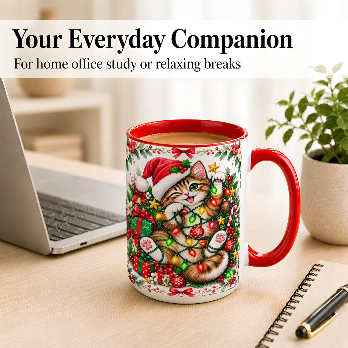 #pl[15oz|Red] Playful Christmas Cat Coffee Mug, Kitten Lights Mug, Ceramic Cup