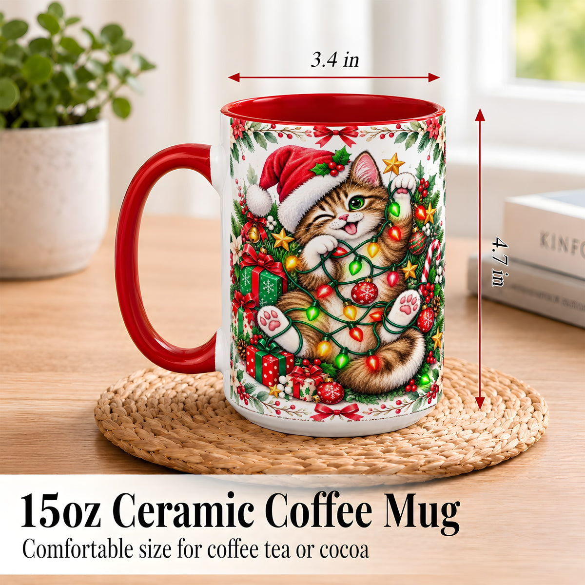 #pl[15oz|Red] Playful Christmas Cat Coffee Mug, Kitten Lights Mug, Ceramic Cup