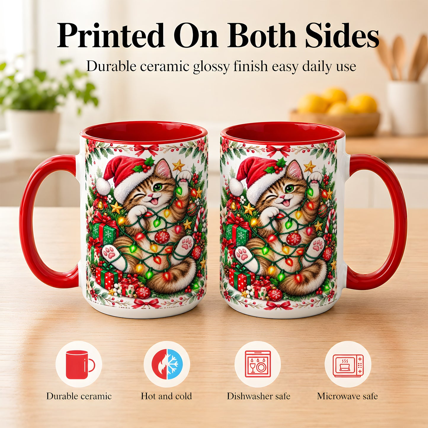#pl[15oz|Red] Playful Christmas Cat Coffee Mug, Kitten Lights Mug, Ceramic Cup