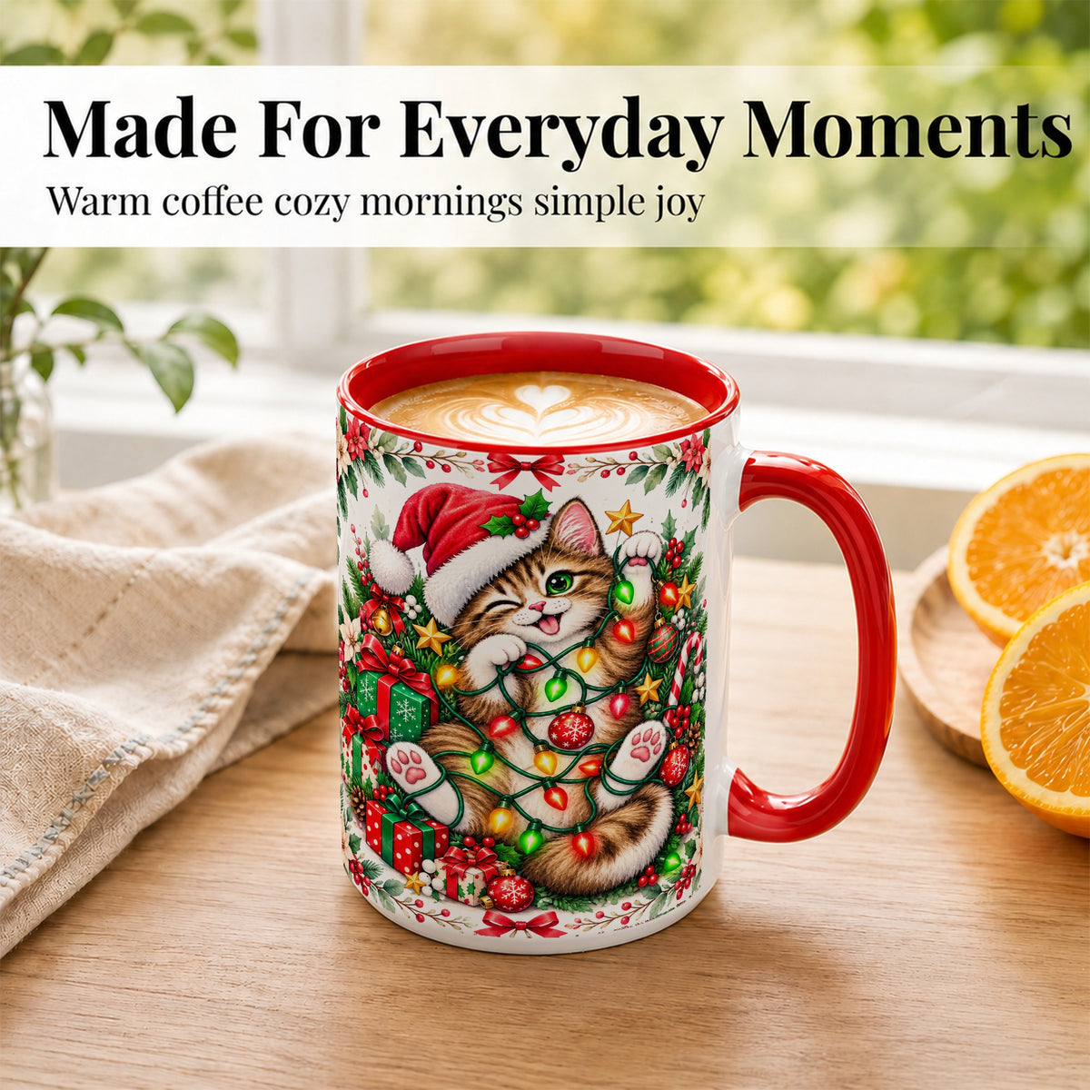 #pl[15oz|Red] Playful Christmas Cat Coffee Mug, Kitten Lights Mug, Ceramic Cup