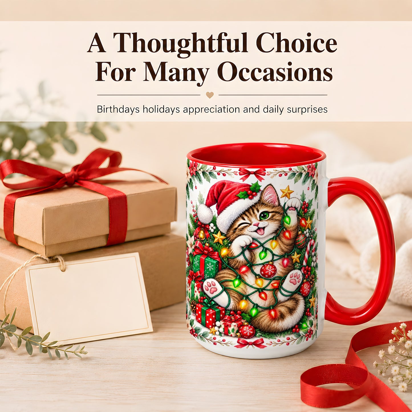 #pl[15oz|Red] Playful Christmas Cat Coffee Mug, Kitten Lights Mug, Ceramic Cup