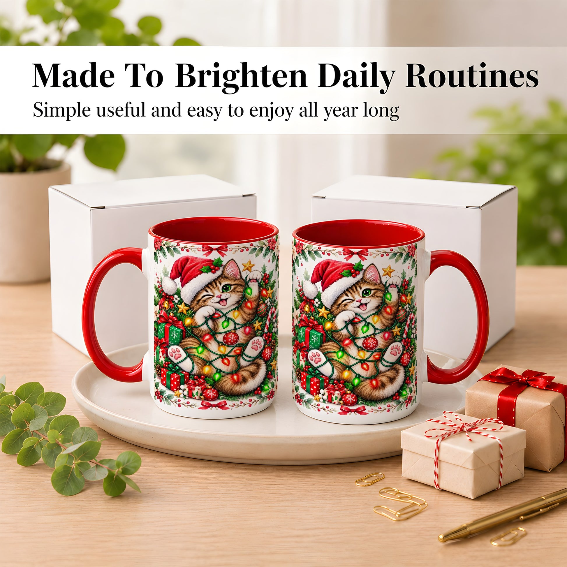 #pl[15oz|Red] Playful Christmas Cat Coffee Mug, Kitten Lights Mug, Ceramic Cup