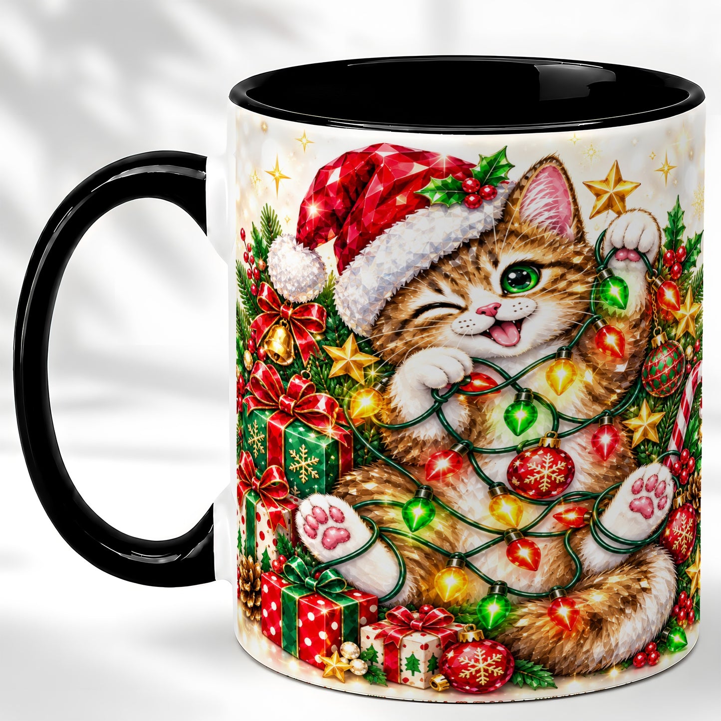 #pl[11oz|Black] Sparkling Cat Lights Coffee Mug, Christmas Kitten Mug, Ceramic Cup