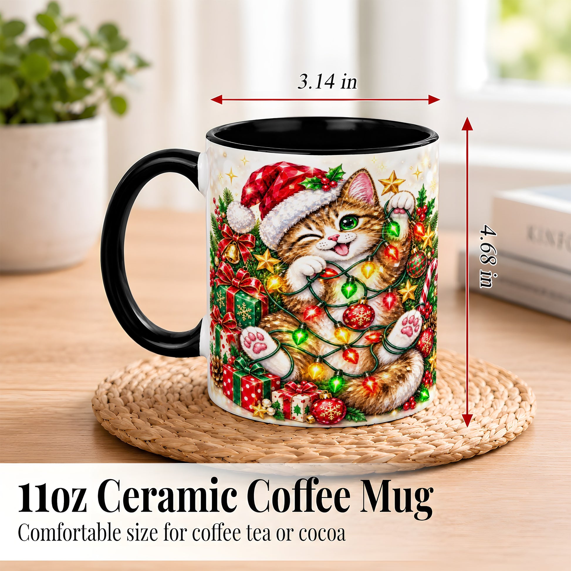 #pl[11oz|Black] Sparkling Cat Lights Coffee Mug, Christmas Kitten Mug, Ceramic Cup