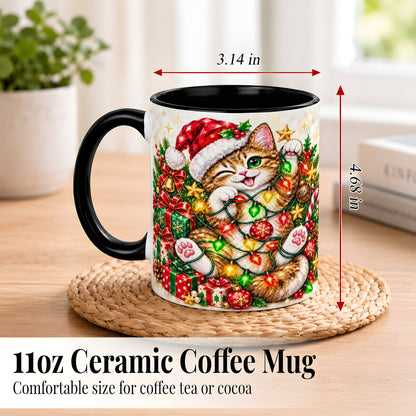 #pl[11oz|Black] Sparkling Cat Lights Coffee Mug, Christmas Kitten Mug, Ceramic Cup