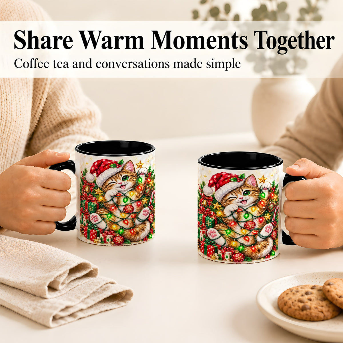 #pl[11oz|Black] Sparkling Cat Lights Coffee Mug, Christmas Kitten Mug, Ceramic Cup